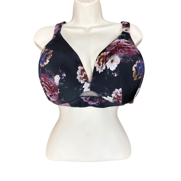 Cacique Black Purple Floral Lightly Lined Plunge Bra Women's Size 46DD - Picture 3 of 15